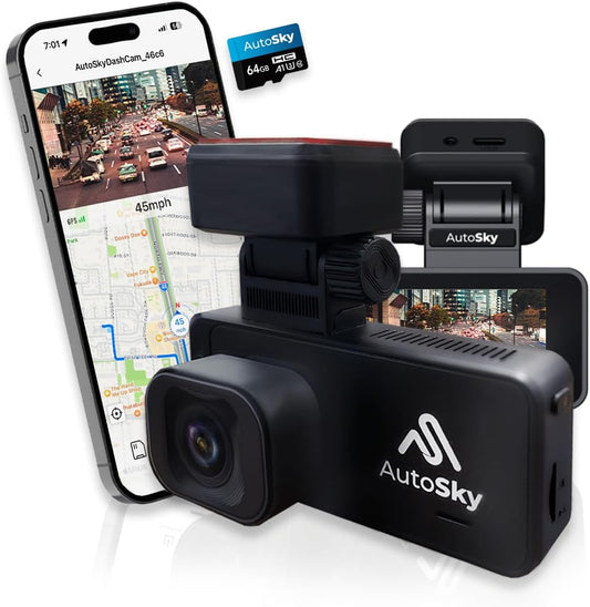 4K Dash Cam Car Camera - Dashboard Camera with Built-in WiFi and GPS - 64GB Memory Card Included - App to Share and Edit DashCam Recordings - AutoSky WiFi Dash Cam Front