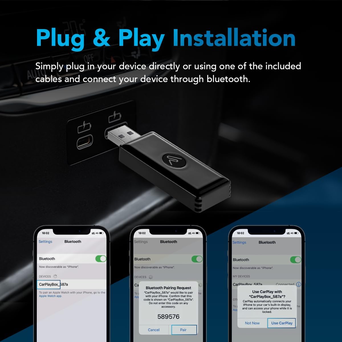 AutoSky Wireless CarPlay Adapter, Plug & Play Dongle Converts Wired to Wireless, Car Electrical WUA-7