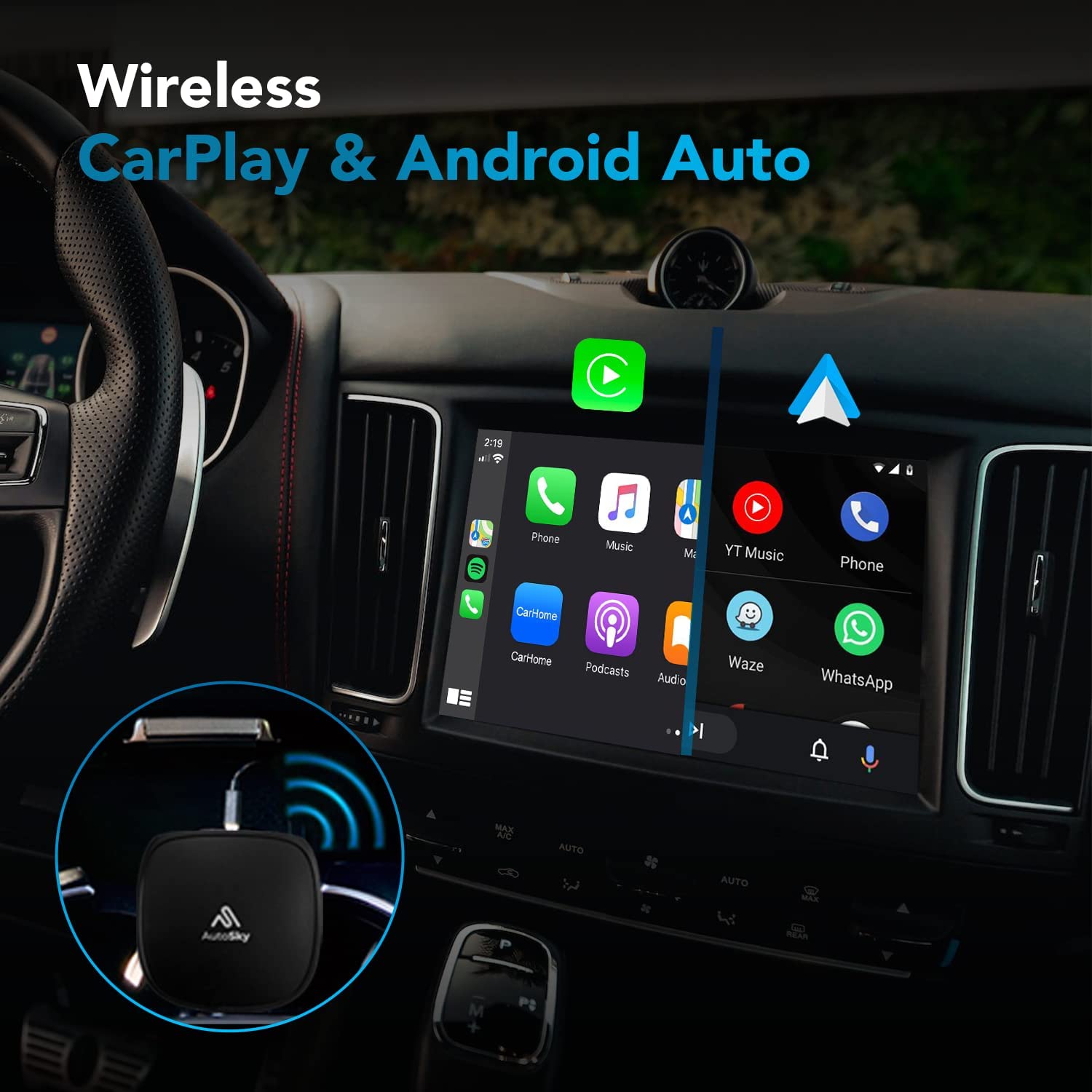 AutoSky Wireless CarPlay and Android Auto AI Box Lite - Supports