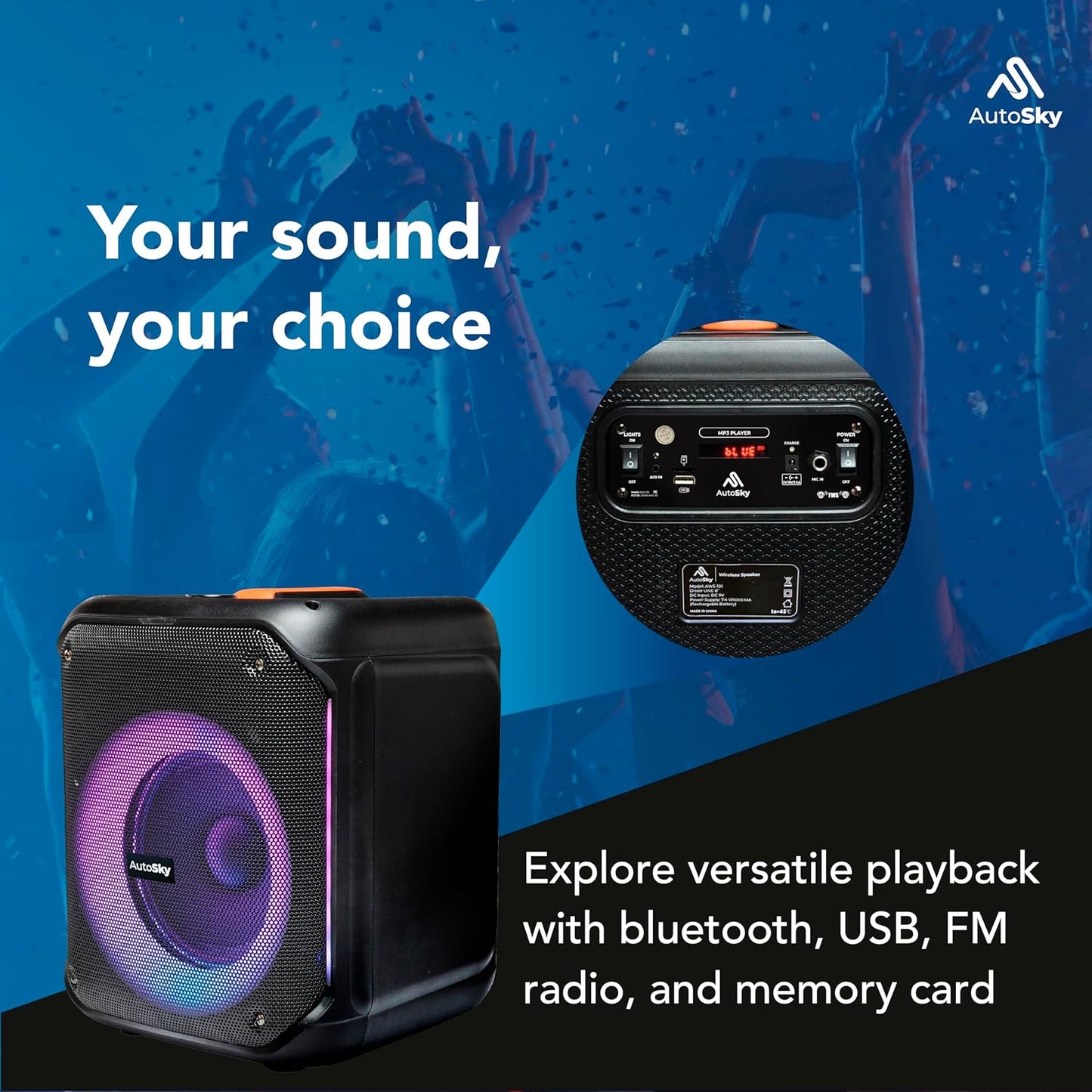 AutoSky PartyBox Altavoz inalámbrico 8" Bass + Tremble, hasta 6 horas de tiempo de reproducción, espectáculo de luces dinámicas incorporado Audio Smartphone AWS-101