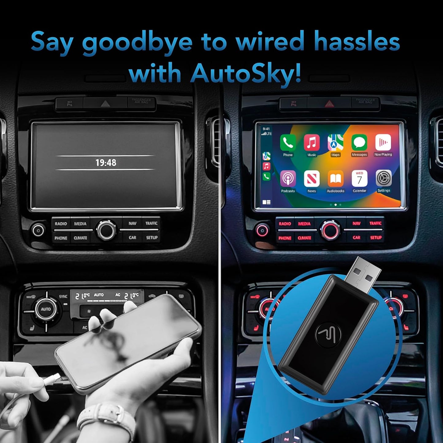 Adaptador inalámbrico CarPlay AutoSky, Dongle Plug &amp; Play convierte cableado en inalámbrico, WUA-7 eléctrico para automóvil