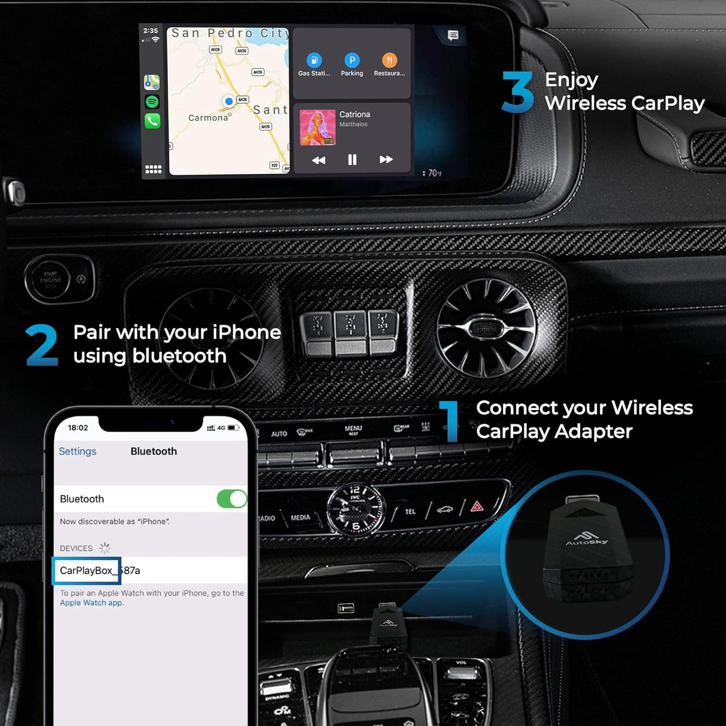 AutoSky Wireless CarPlay Adapter Pro Slim - Convierta su CarPlay con cable en CarPlay inalámbrico - Plug and Play WUA-4