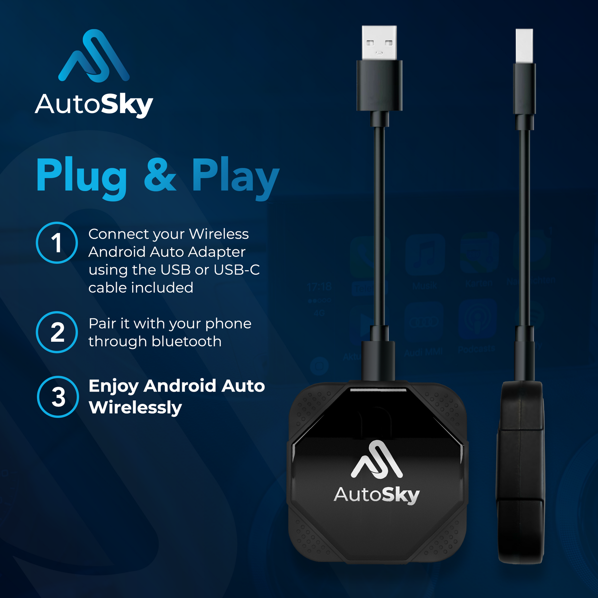 AutoSky Wireless Android Auto Car Adapter for Factory Wired Android Auto- Easy Set Up Plug & Play with USB & USB-C - WiFi 5GHz Instant Connection