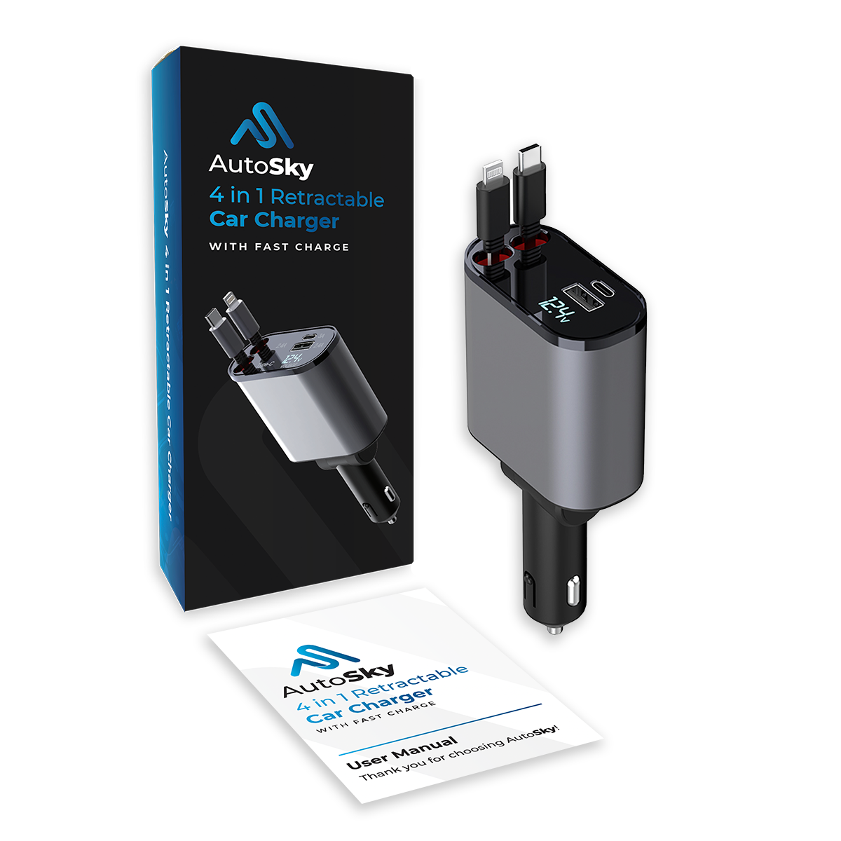 Cargador de coche retráctil 4 en 1 AutoSky con carga rápida: cable USB-C y Lightning, además de un puerto USB-C y USB-A