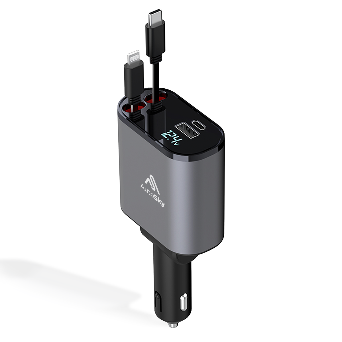 AutoSky 4 in 1 Retractable Car Charger with Fast Charge - USB-C & Lightning cable plus a USB-C and USB-A port