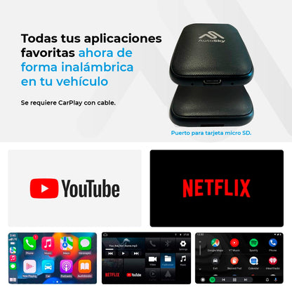 AutoSky Wireless CarPlay y Android Auto AI Box Lite - Compatible con Netflix, YouTube