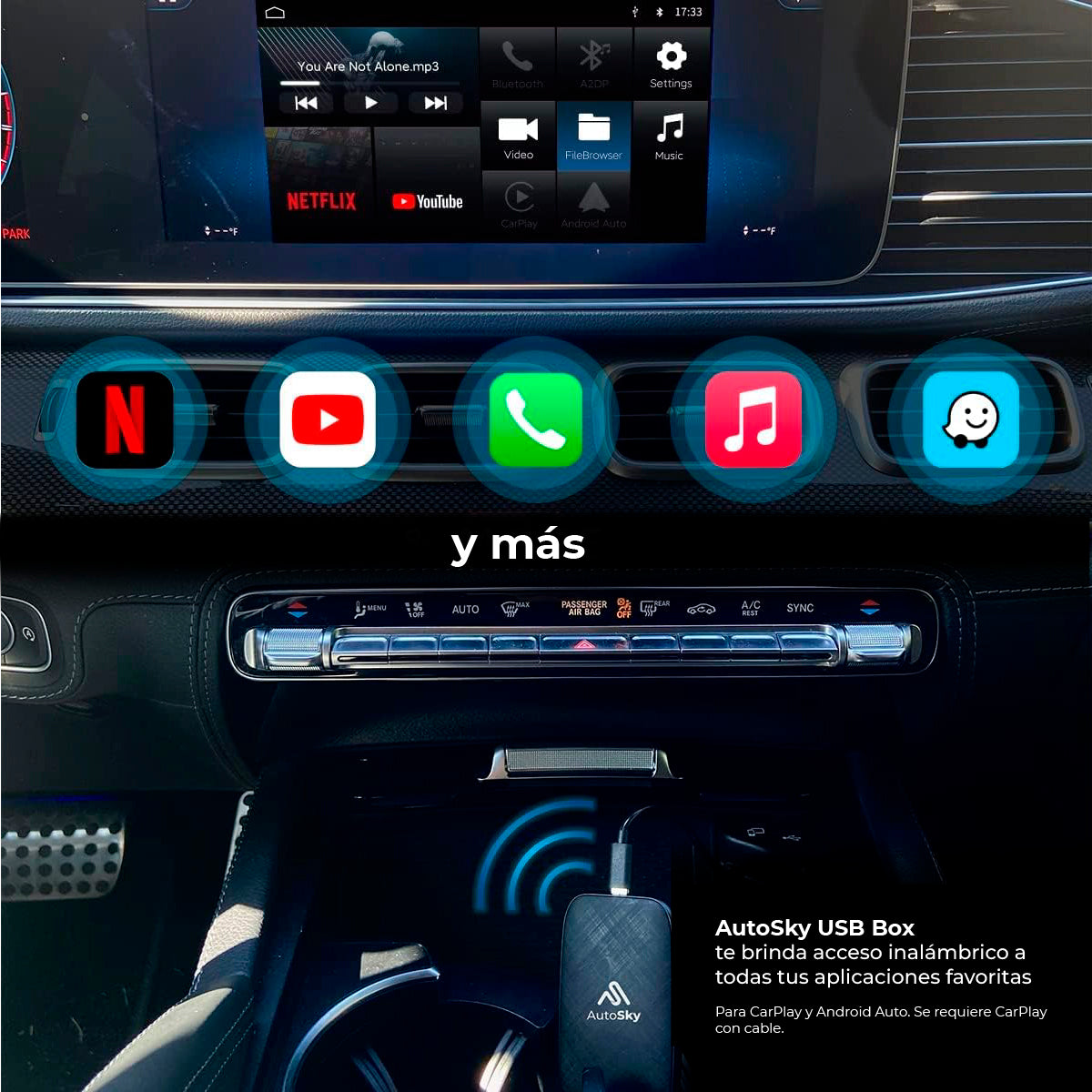 AI Box Lite AutoSky con CarPlay y Android Auto inalámbrico - Compatible con Netflix y YouTube