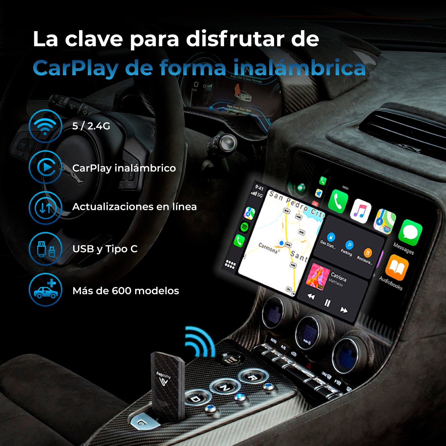 Adaptador de CarPlay inalámbrico AutoSky Pro Slim - Convierte tu CarPlay por cable en CarPlay inalámbrico - Instalación sencilla WUA-4 Co