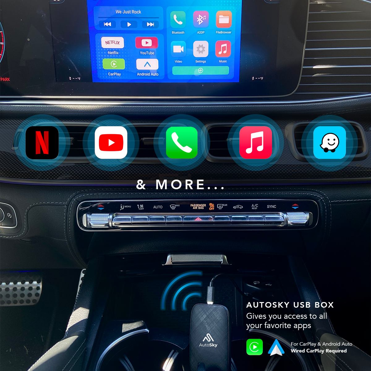 Features of AutoSky Wireless CarPlay and Android Auto AI Box Lite - Supports Netflix YouTube and Gmail