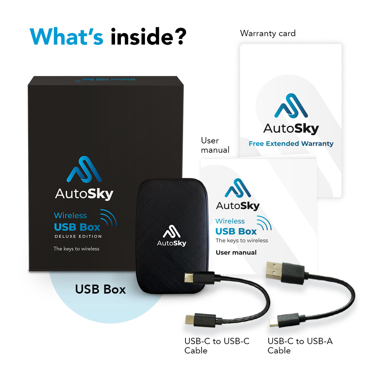 What's inside AutoSky Wireless CarPlay and Android Auto AI Box Lite - Supports Netflix YouTube and Gmail