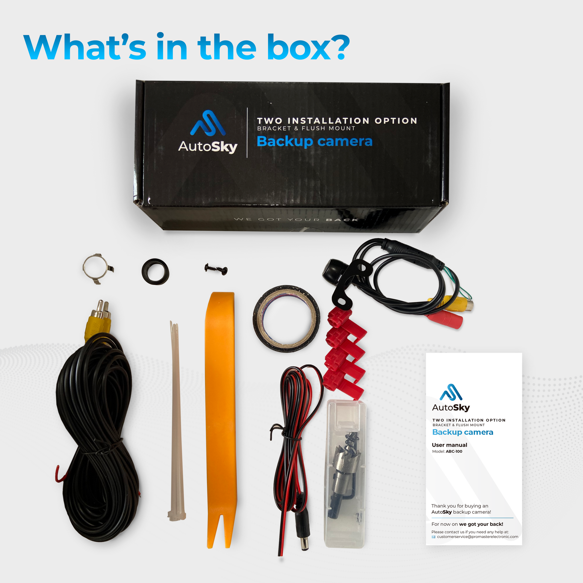 whats in the box AutoSky HD Back up Camera - Flush or Butterfly Mount - Wide View Angle Universal