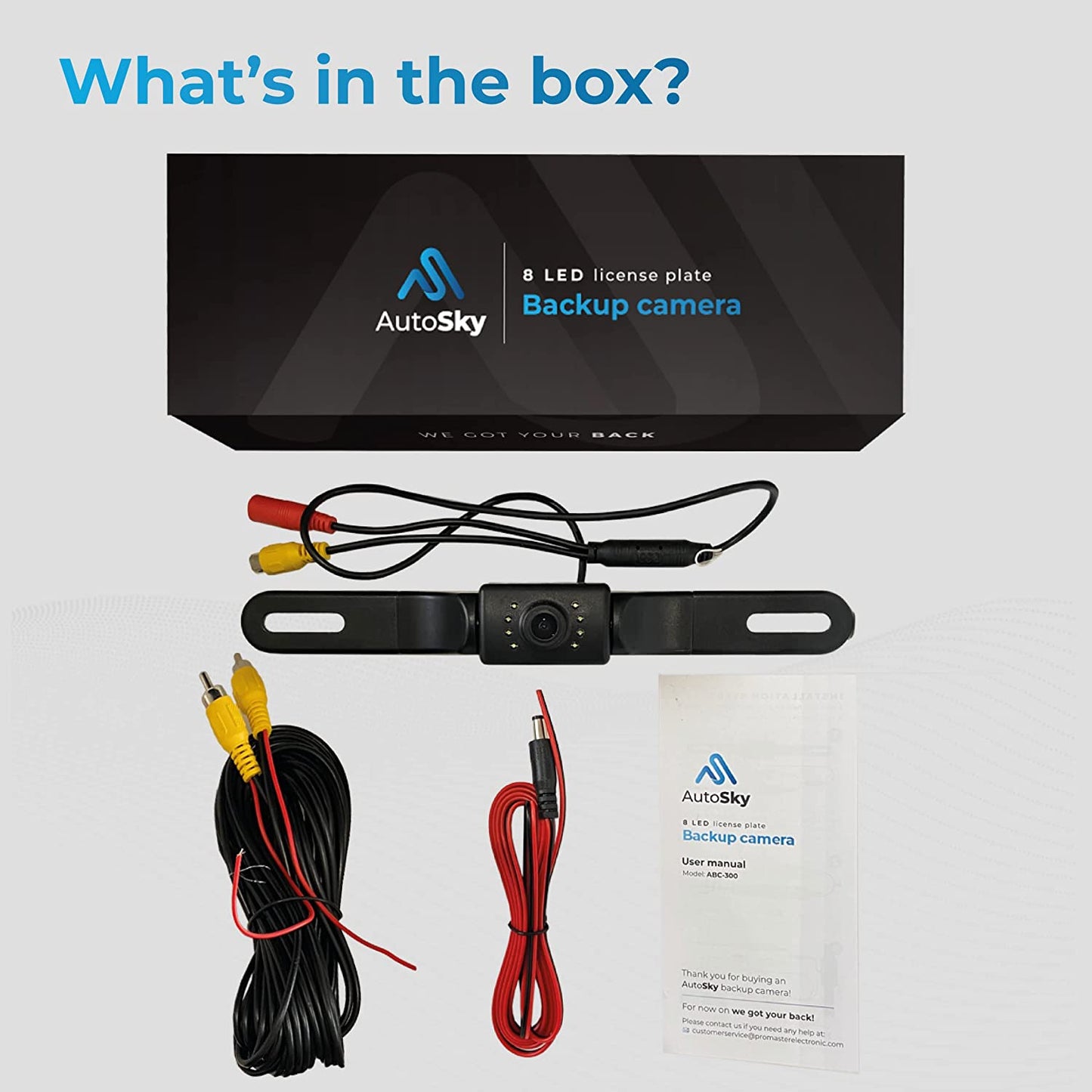 whats in the box AutoSky Newest HD Back up Camera, 8 LED License Plate Reverse Camera