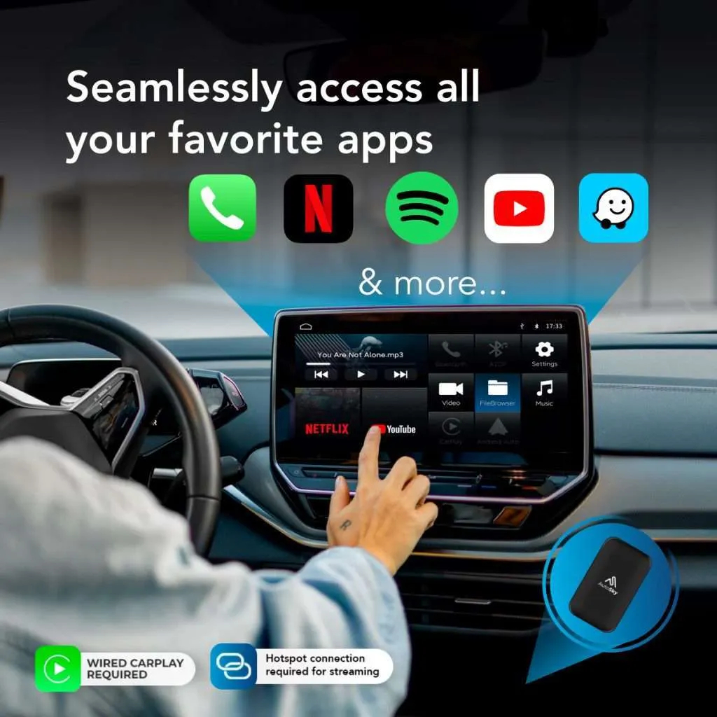 Streaming on Your Car Screen Netflix, Youtube, Waze, and more with wireless carplay and android auto with autosky ai box